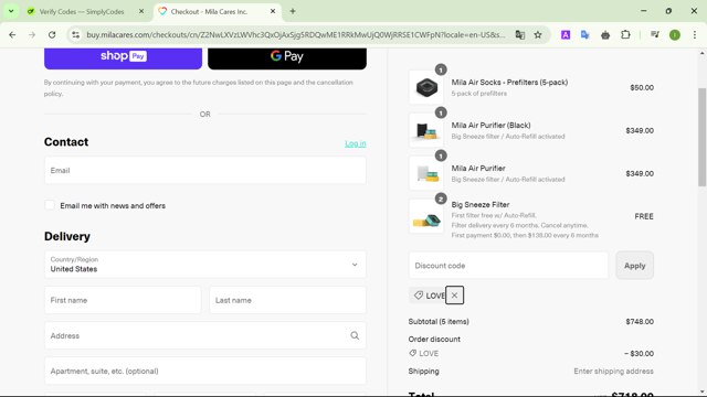 Mila checkout page showing Mila discount code box | Screenshot taken by SimplyCodes community member on Sep 21, 2024