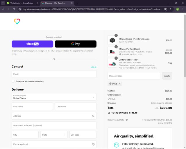 Mila checkout page showing Mila discount code box | Screenshot taken by SimplyCodes community member on Sep 2, 2024