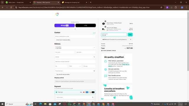 Mila checkout page showing Mila discount code box | Screenshot taken by SimplyCodes community member on Sep 2, 2024
