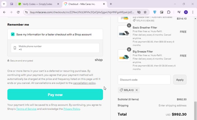 Mila checkout page showing Mila discount code box | Screenshot taken by SimplyCodes community member on Sep 17, 2024