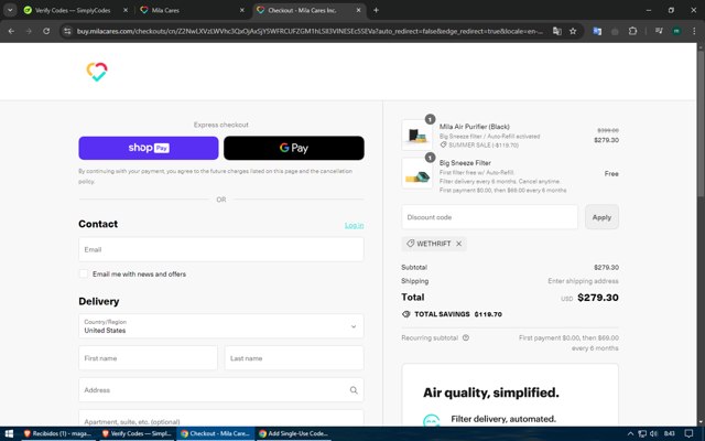 Mila checkout page showing Mila discount code box | Screenshot taken by SimplyCodes community member on Aug 27, 2024