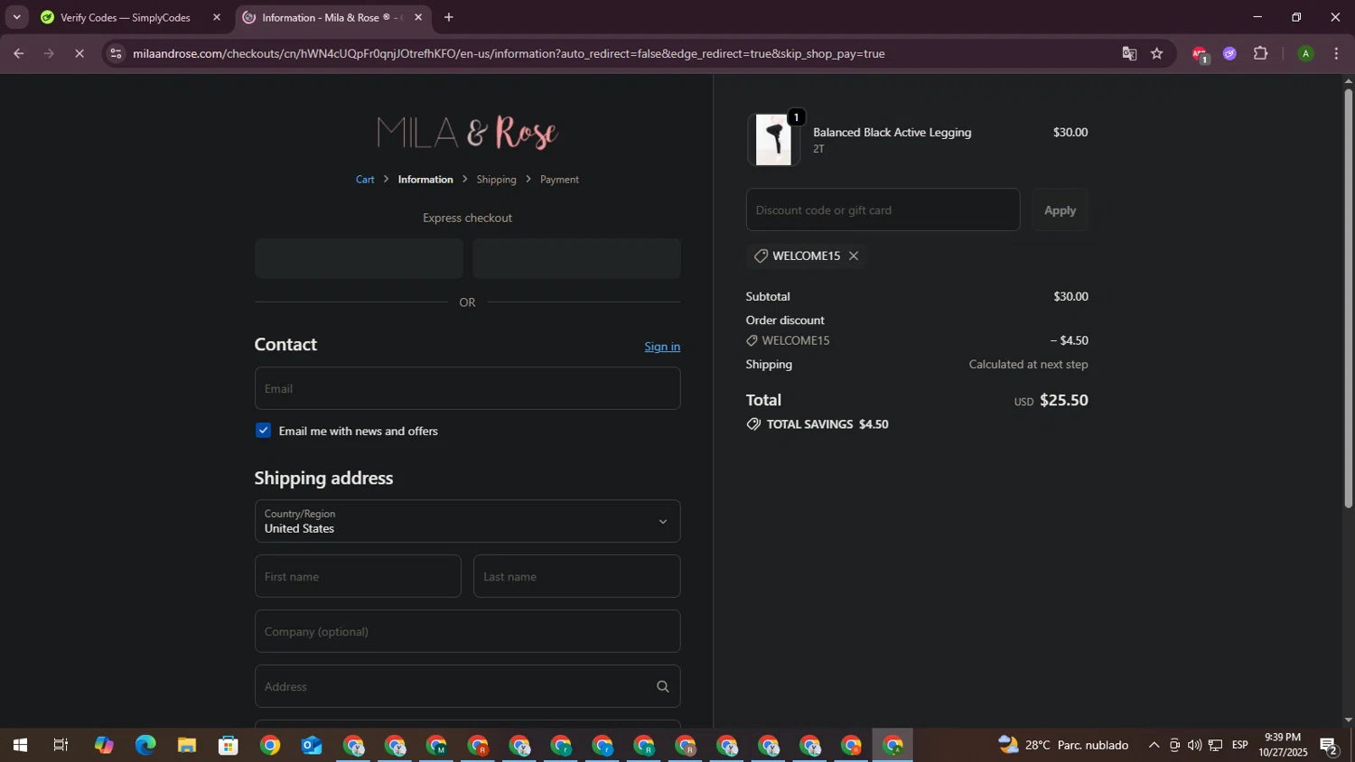Mila & Rose coupon code screenshot showing code WELCOME15 applied at Mila & Rose checkout page. Uploaded by SimplyCodes community member CrownPioneer7057 on Oct 28, 2025