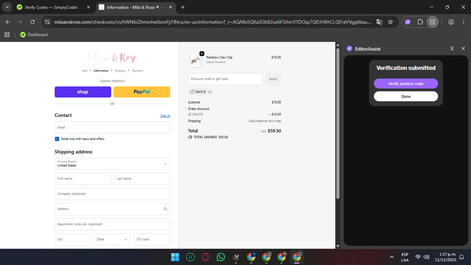 Mila & Rose coupon code screenshot showing code SAVE15 applied at Mila & Rose checkout page. Uploaded by SimplyCodes community member SunJinWoo on Dec 11, 2025