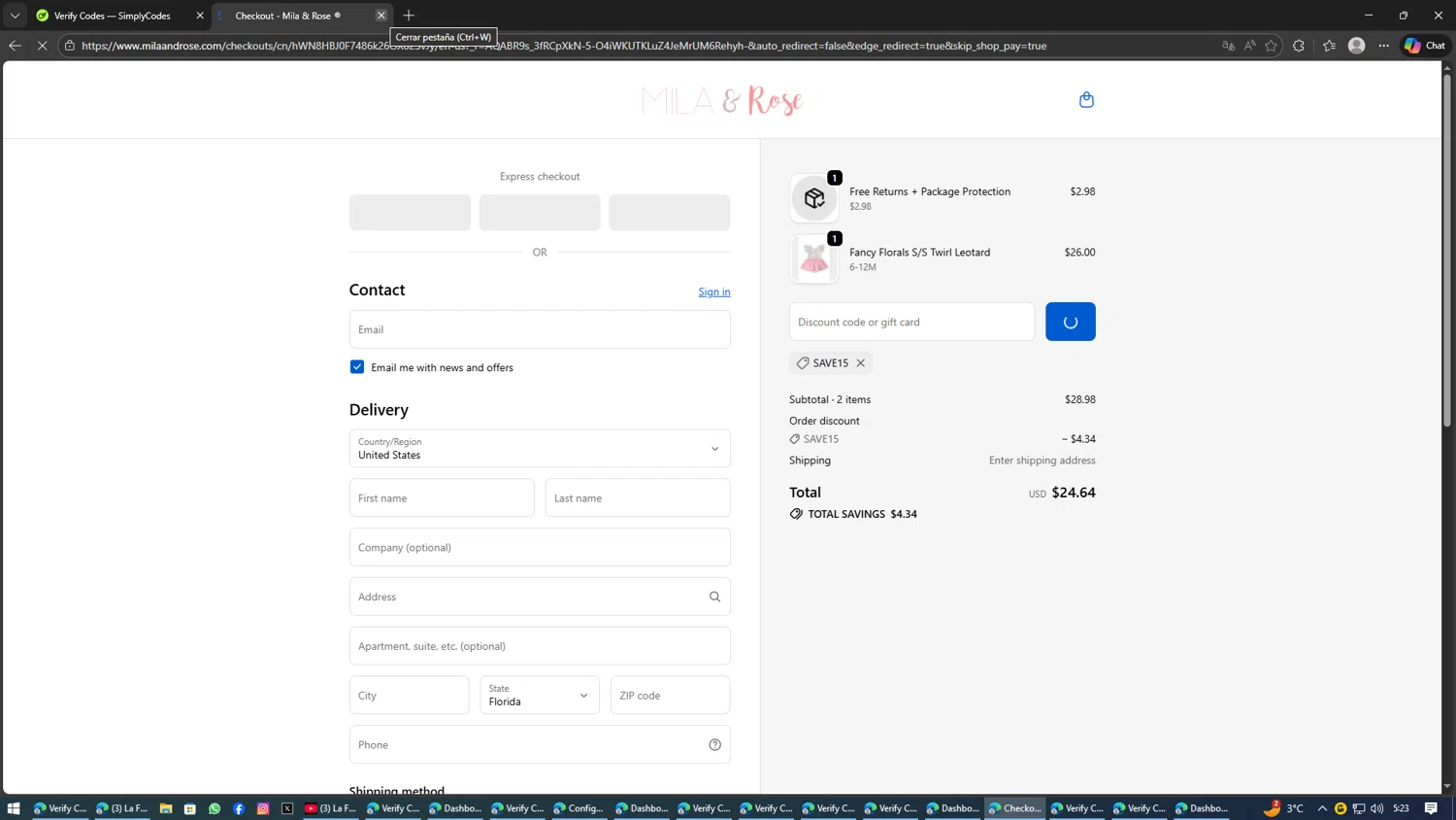 Mila & Rose coupon code screenshot showing code SAVE15 applied at Mila & Rose checkout page. Uploaded by SimplyCodes community member SwiftSage2309 on Feb 1, 2026