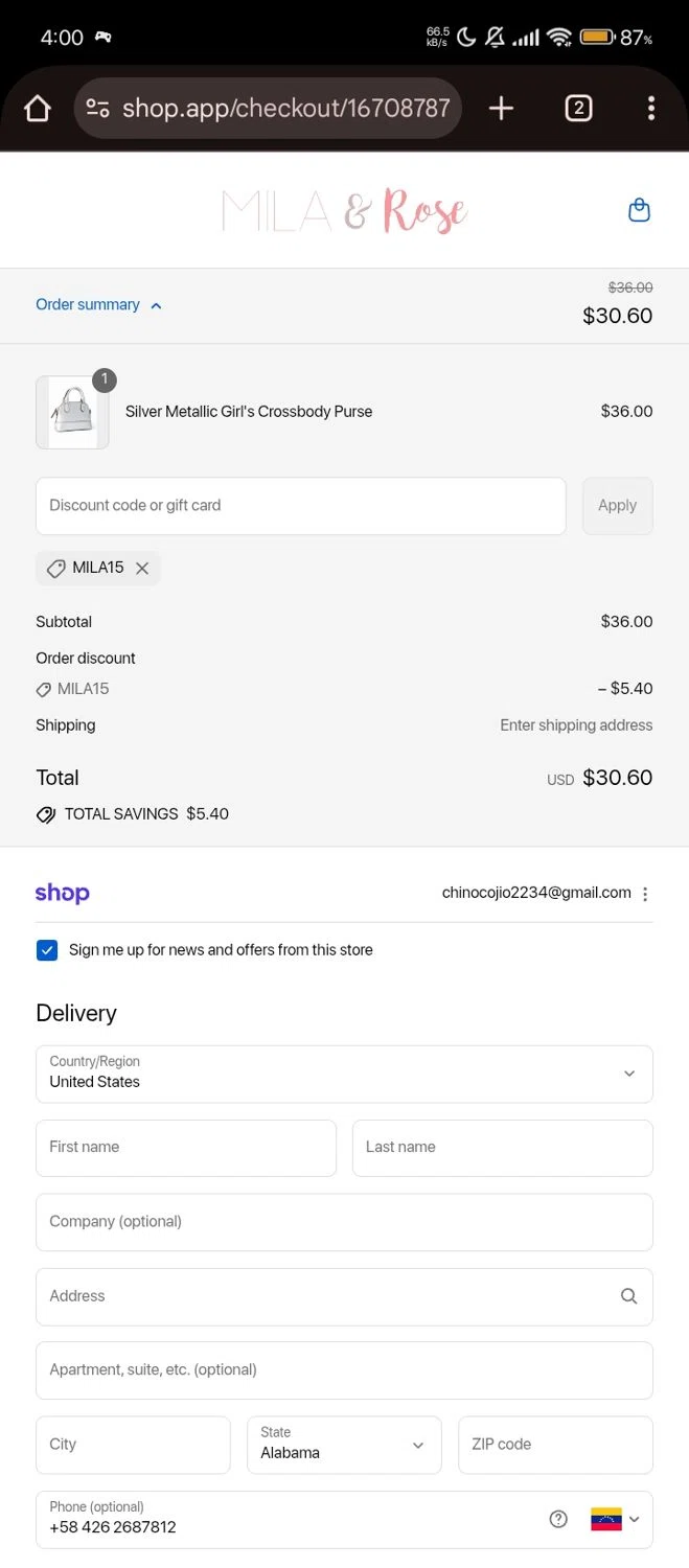 Mila & Rose coupon code screenshot showing code MILA15 applied at Mila & Rose checkout page. Uploaded by SimplyCodes community member Bjhfuhdf on Sep 12, 2025