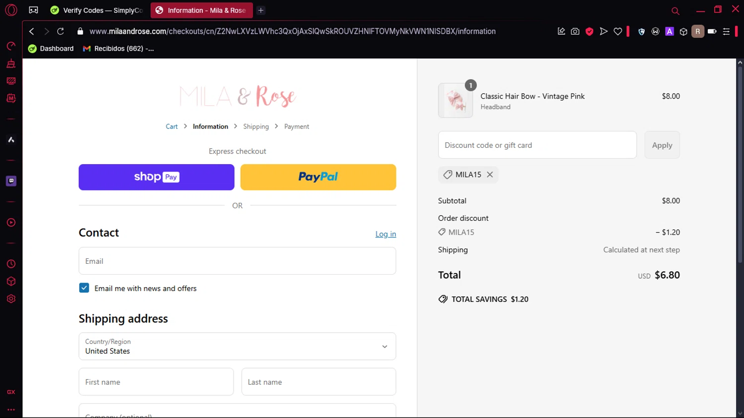 Mila & Rose coupon code screenshot showing code MILA15 applied at Mila & Rose checkout page. Uploaded by SimplyCodes community member Marole on Apr 29, 2025