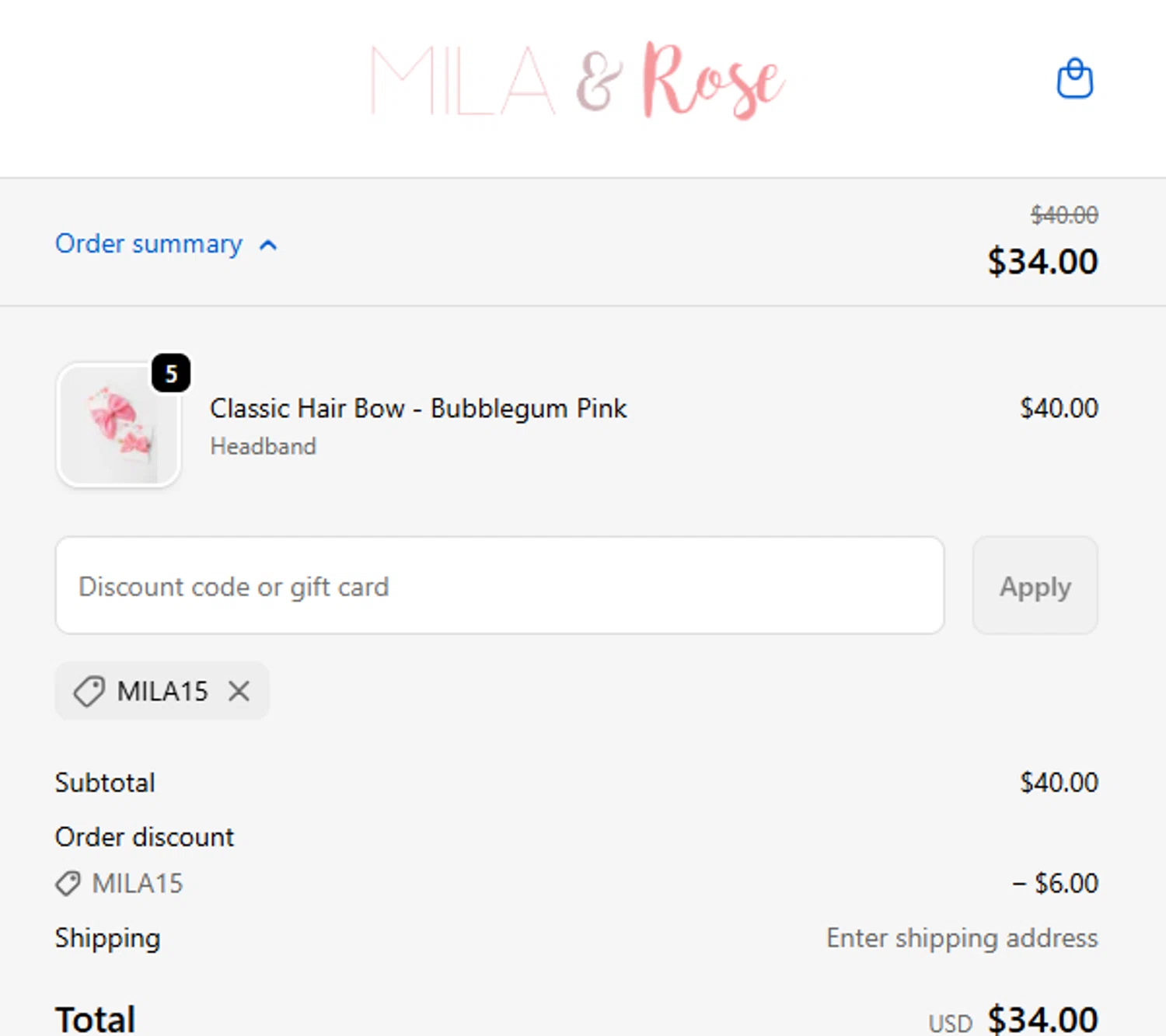 Mila & Rose coupon code screenshot showing code MILA15 applied at Mila & Rose checkout page. Uploaded by SimplyCodes community member Pinkicuat on Dec 6, 2025