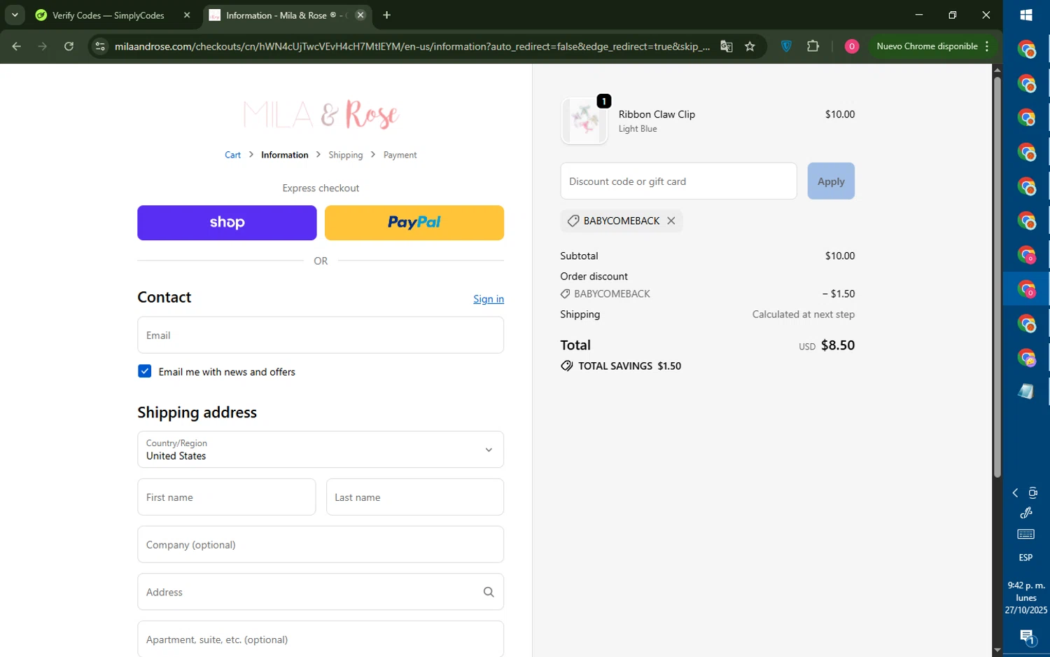 Mila & Rose coupon code screenshot showing code BABYCOMEBACK applied at Mila & Rose checkout page. Uploaded by SimplyCodes community member LegendaryRanger6350 on Oct 28, 2025