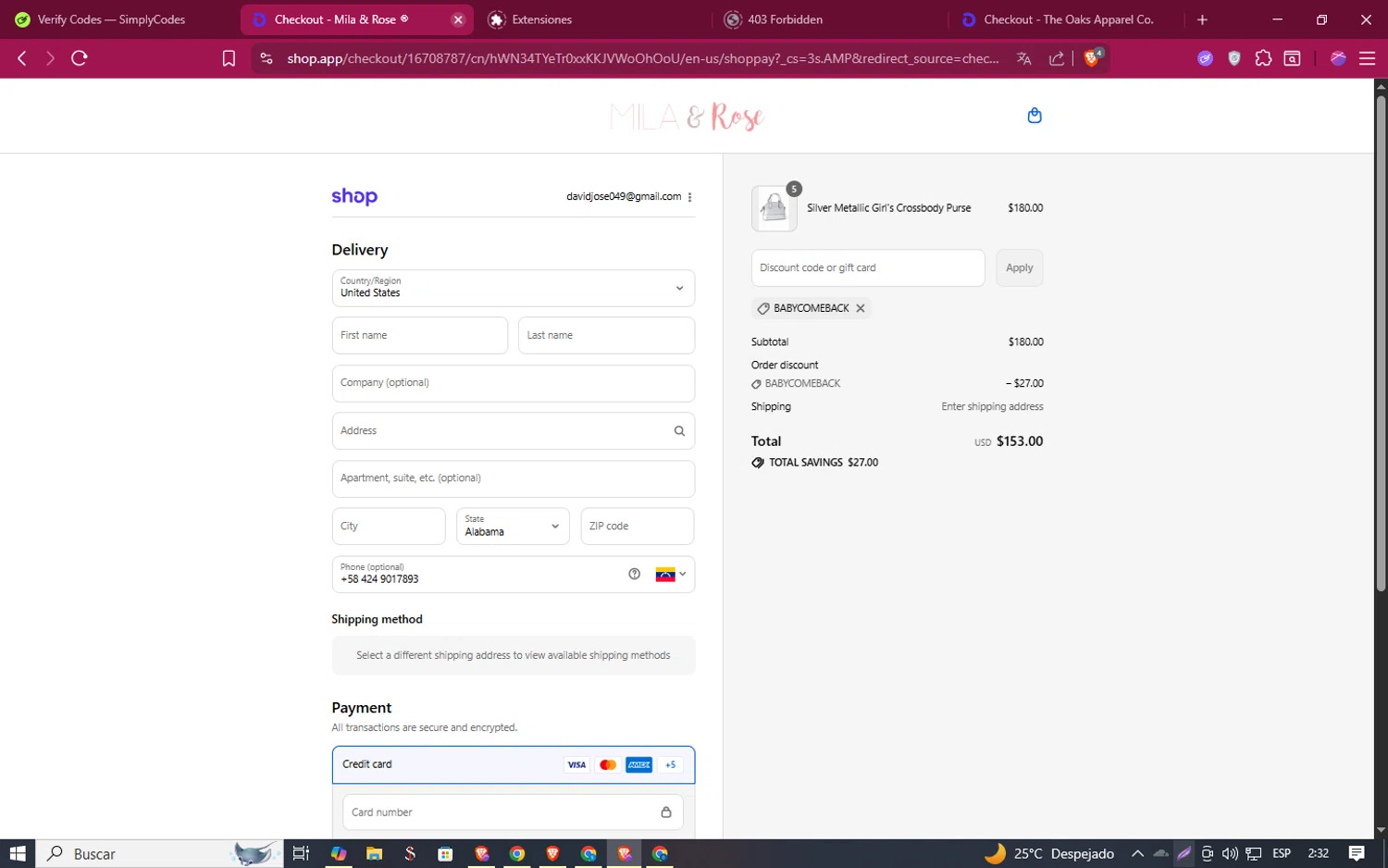Mila & Rose coupon code screenshot showing code BABYCOMEBACK applied at Mila & Rose checkout page. Uploaded by SimplyCodes community member ShinazugawaSanemi on Sep 17, 2025
