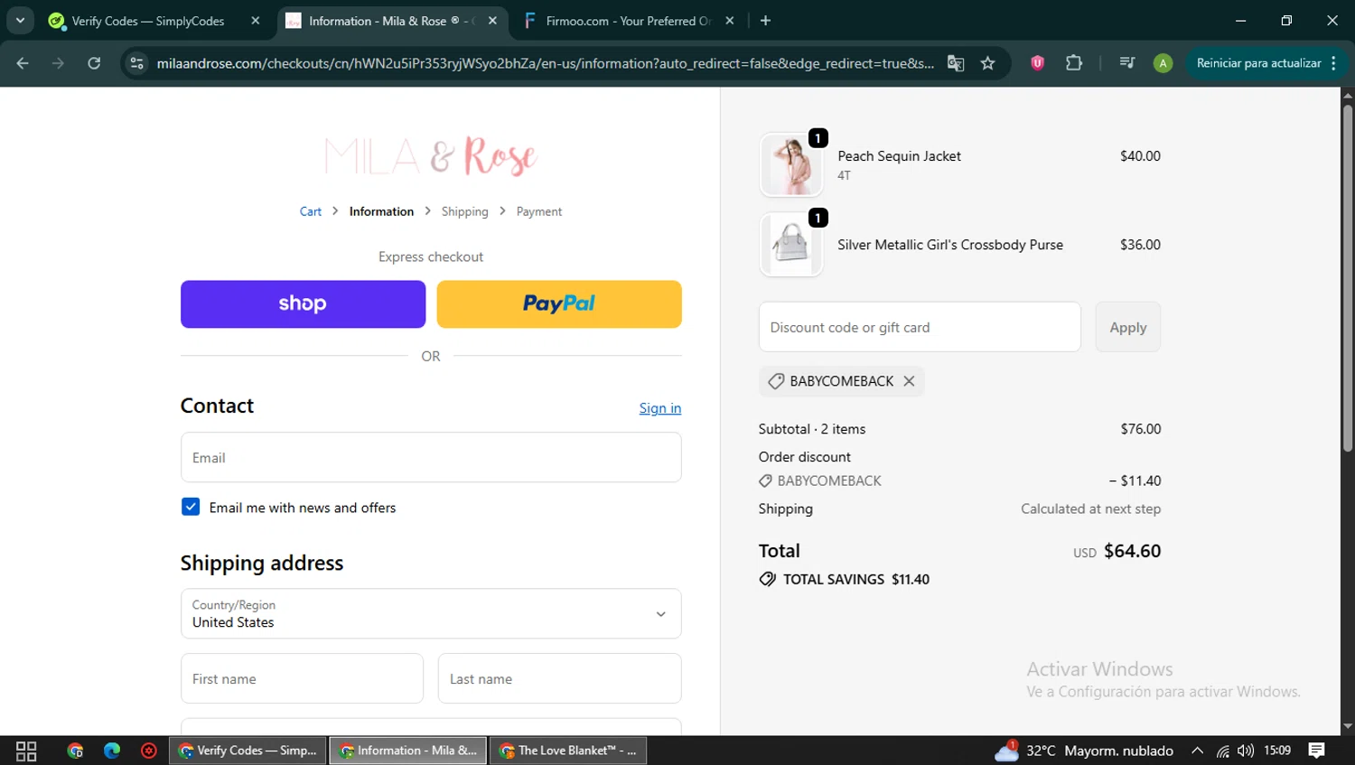 Mila & Rose coupon code screenshot showing code BABYCOMEBACK applied at Mila & Rose checkout page. Uploaded by SimplyCodes community member SwiftFox3743 on Oct 3, 2025