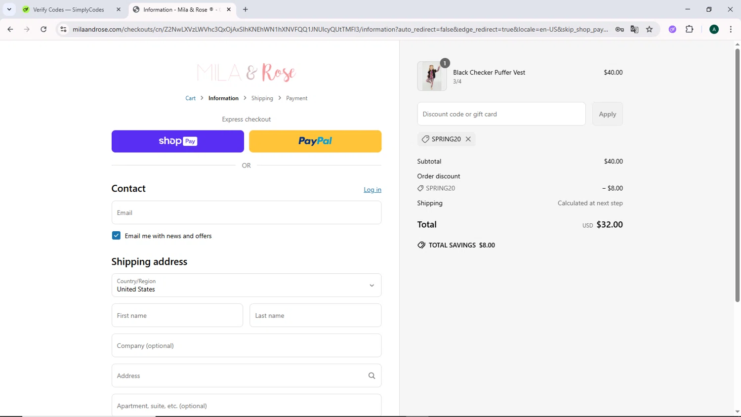 Mila & Rose coupon code screenshot showing code SPRING20 applied at Mila & Rose checkout page. Uploaded by SimplyCodes community member DiscountCurator2907 on Jun 12, 2025