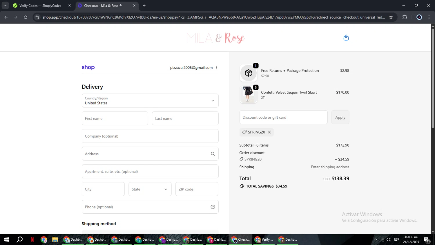 Mila & Rose coupon code screenshot showing code SPRING20 applied at Mila & Rose checkout page. Uploaded by SimplyCodes community member RoyalBoss4384 on Dec 24, 2025