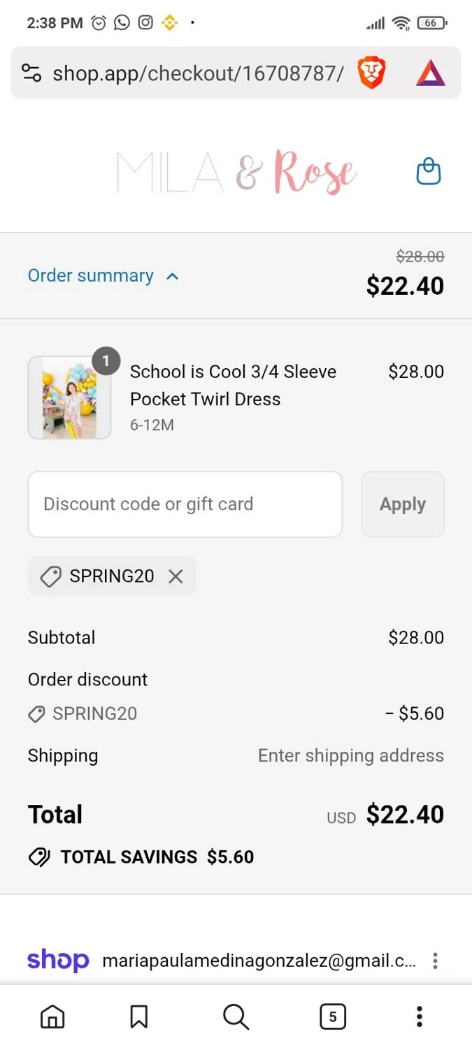 Mila & Rose coupon code screenshot showing code SPRING20 applied at Mila & Rose checkout page. Uploaded by SimplyCodes community member Yarialmys2020 on Aug 9, 2025