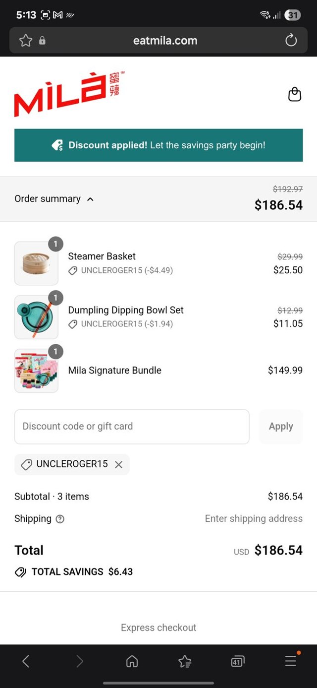 MìLà Dumplings checkout page showing MìLà Dumplings promo code box | Screenshot taken by SimplyCodes community member on Sep 6, 2025