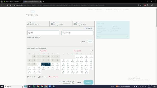 Milaidhoo Island Maldives checkout page showing Milaidhoo Island Maldives promo code box | Screenshot taken by SimplyCodes community member on Apr 16, 2024