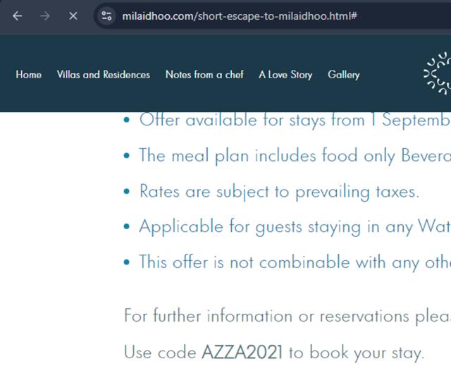 Milaidhoo Island Maldives checkout page showing Milaidhoo Island Maldives promo code box | Screenshot taken by SimplyCodes community member on Aug 22, 2024