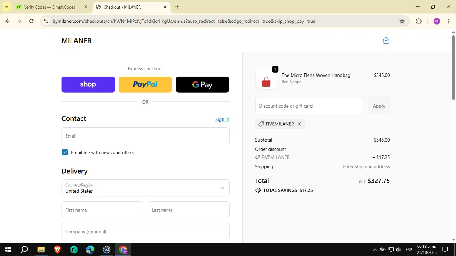 Milaner discount code screenshot showing code FIVEMILANER applied at Milaner checkout page. Uploaded by SimplyCodes community member NobleSeeker3177 on Oct 21, 2025