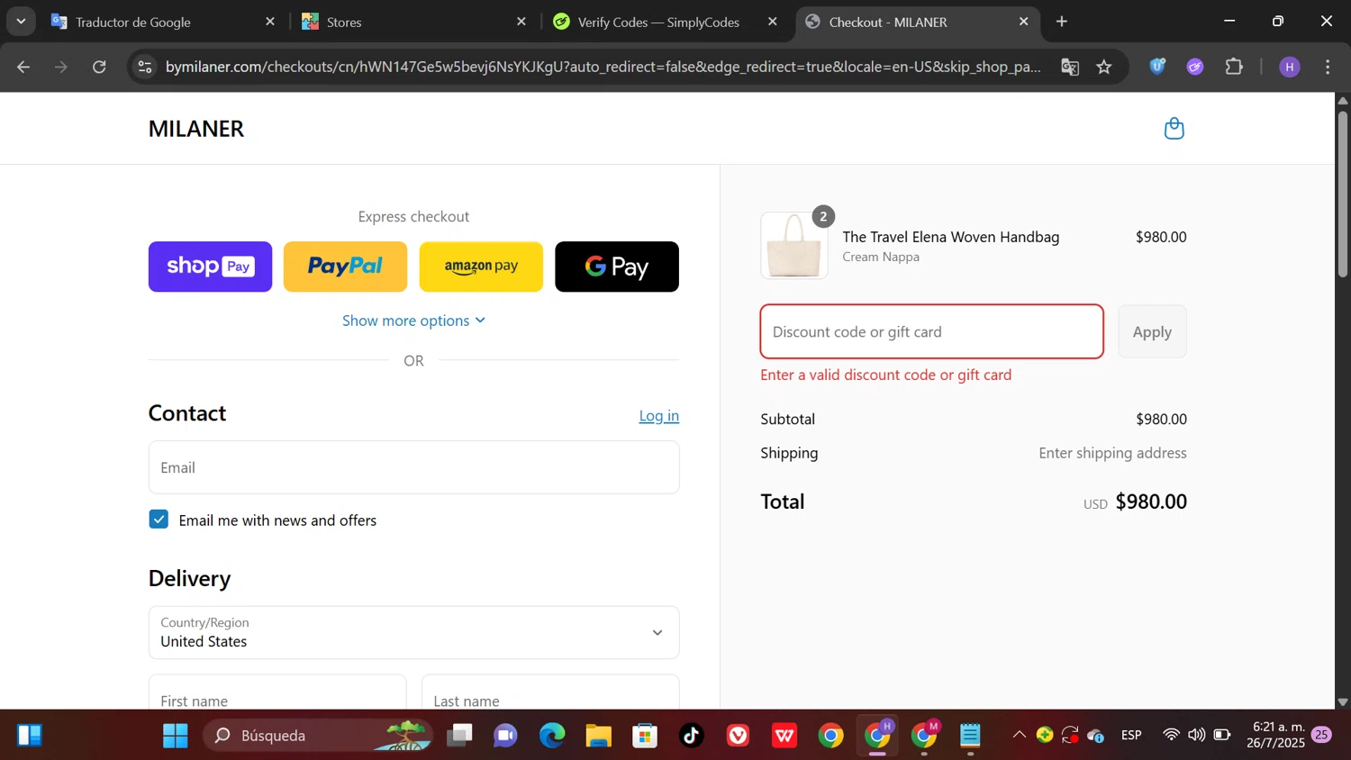 Milaner discount code screenshot showing code ESTATE applied at Milaner checkout page. Uploaded by SimplyCodes community member Patricioestrella on Jul 26, 2025