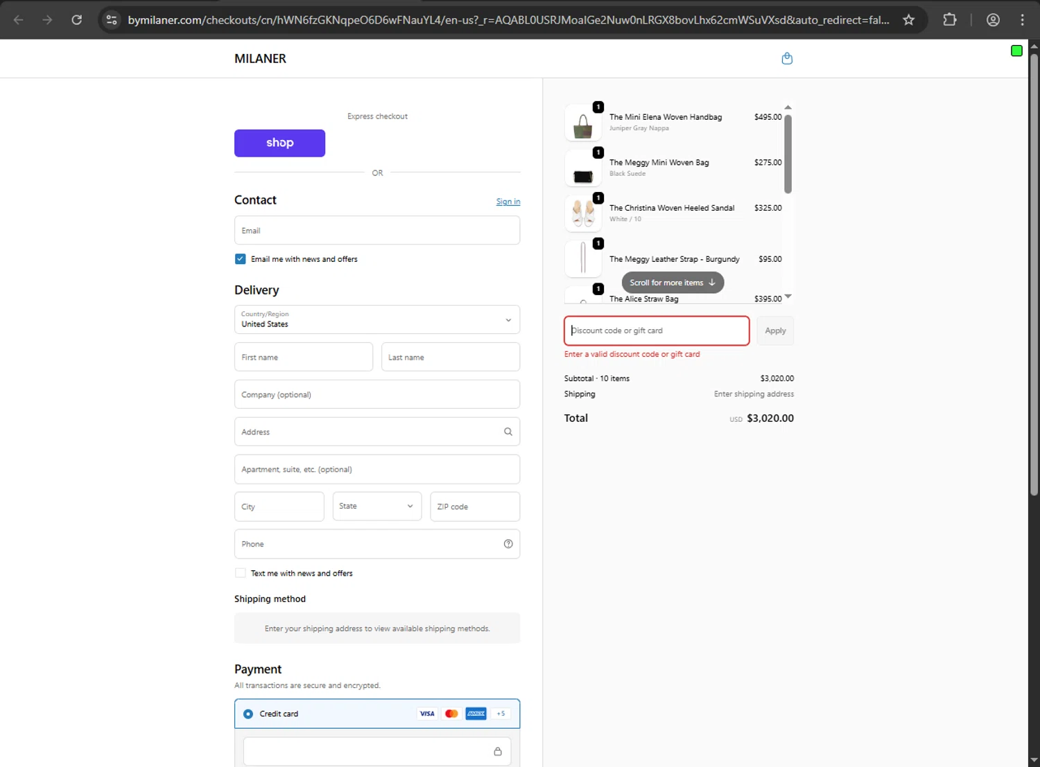 Milaner discount code screenshot showing code MILANER10 applied at Milaner checkout page. Uploaded by SimplyCodes community member kaiserser on Dec 21, 2025
