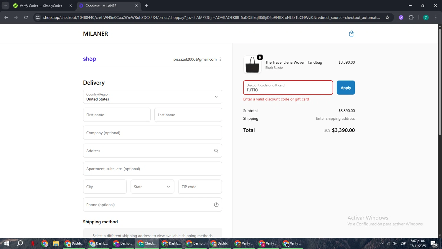 Milaner discount code screenshot showing code TUTTO applied at Milaner checkout page. Uploaded by SimplyCodes community member FrugalCaptain6906 on Nov 27, 2025