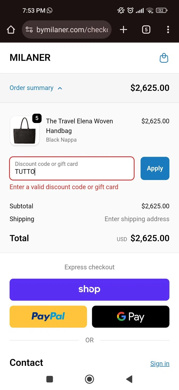 Milaner discount code screenshot showing code TUTTO applied at Milaner checkout page. Uploaded by SimplyCodes community member PrimeAdmiral8733 on Nov 27, 2025