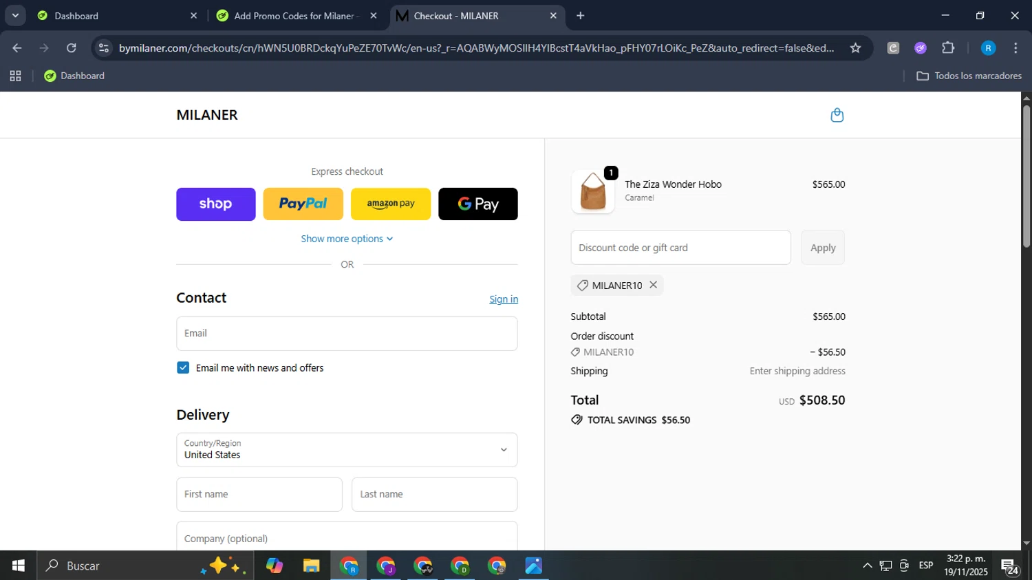 Milaner discount code screenshot showing code MILANER10 applied at Milaner checkout page. Uploaded by SimplyCodes community member Aemontar on Nov 19, 2025