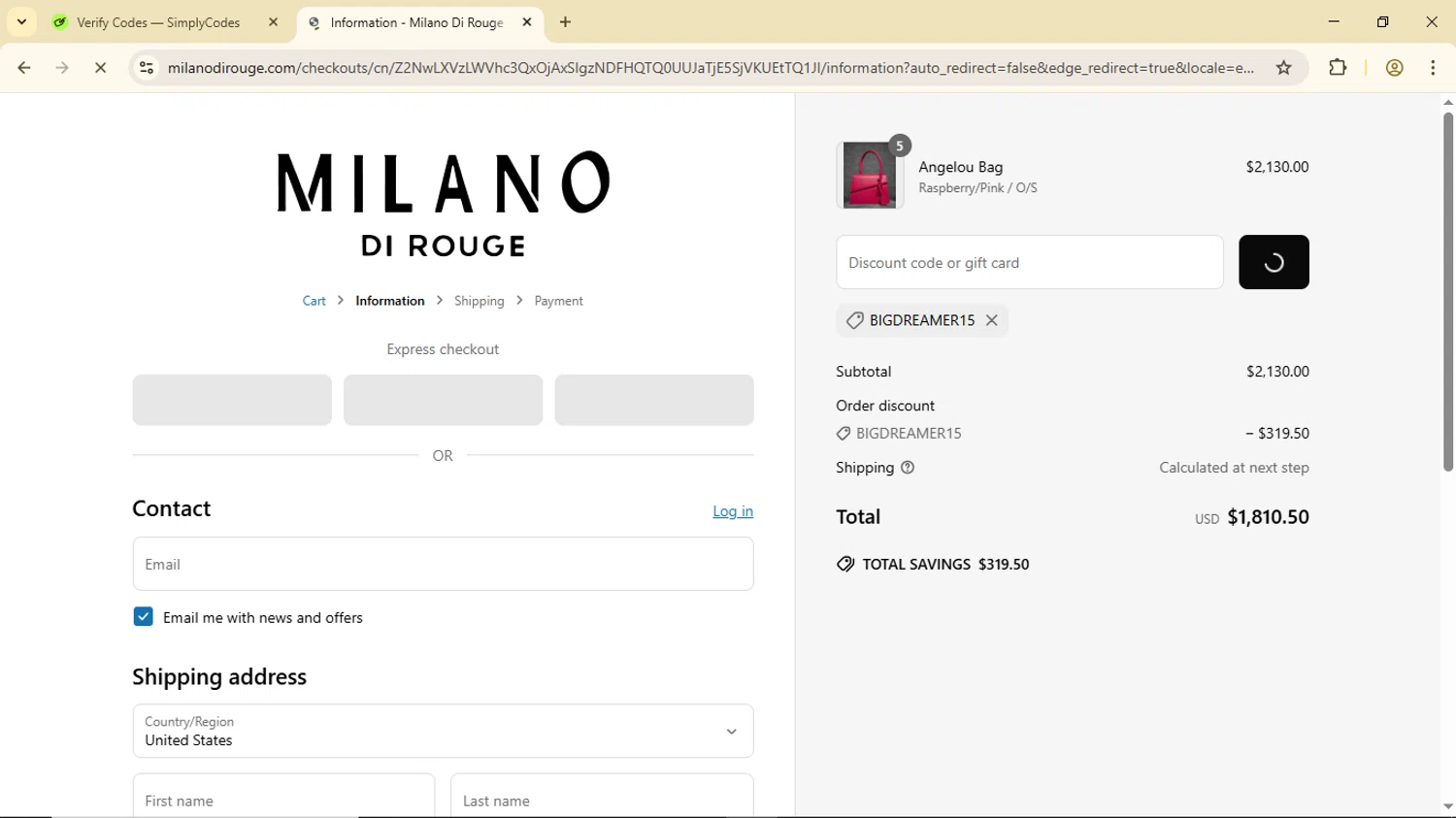 Milano Di Rouge promo code screenshot showing code BIGDREAMER15 applied at Milano Di Rouge checkout page. Uploaded by SimplyCodes community member Luisitoxd12 on Jun 6, 2025