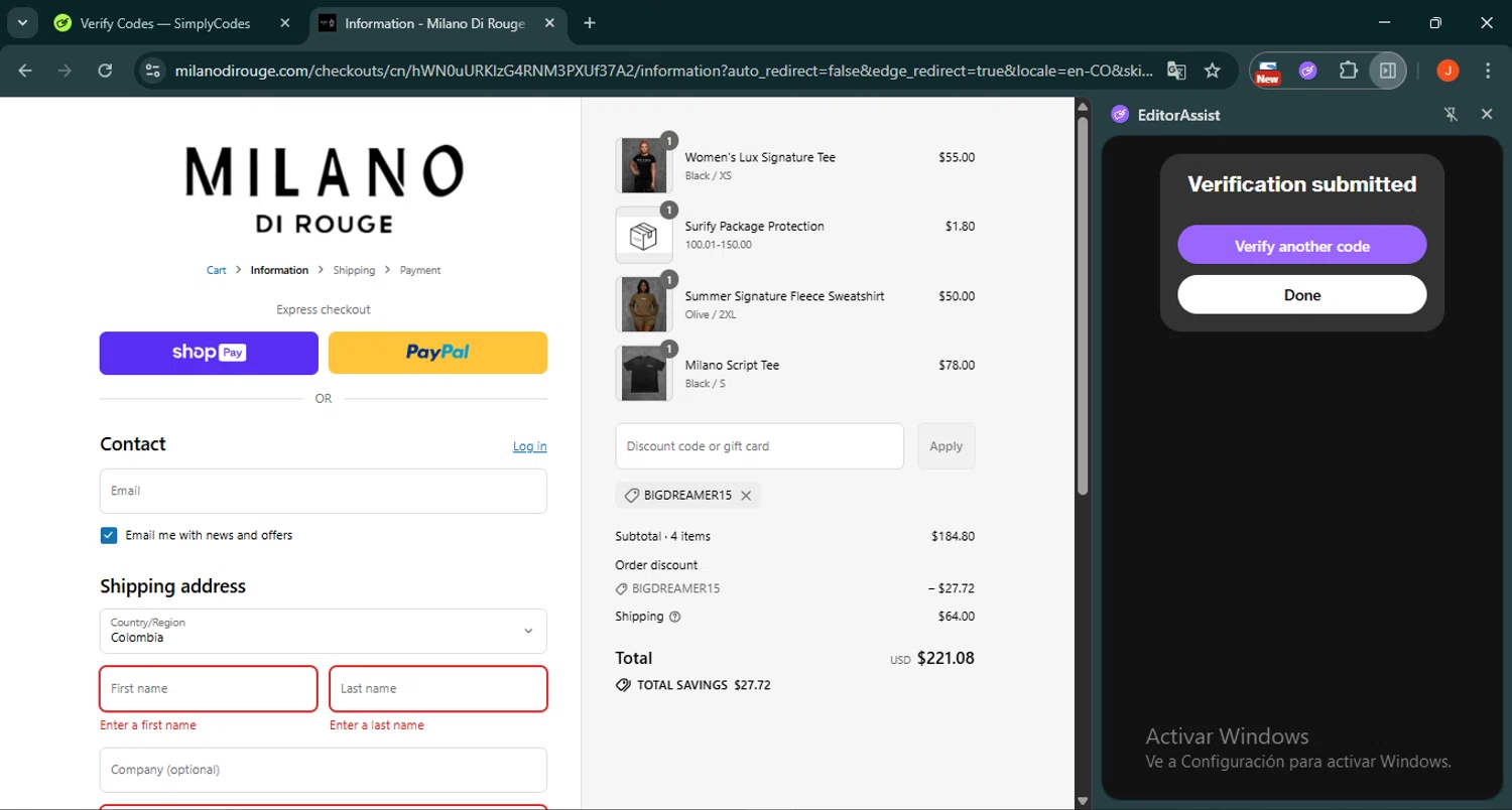 Milano Di Rouge promo code screenshot showing code BIGDREAMER15 applied at Milano Di Rouge checkout page. Uploaded by SimplyCodes community member SilverRanger658 on Aug 8, 2025