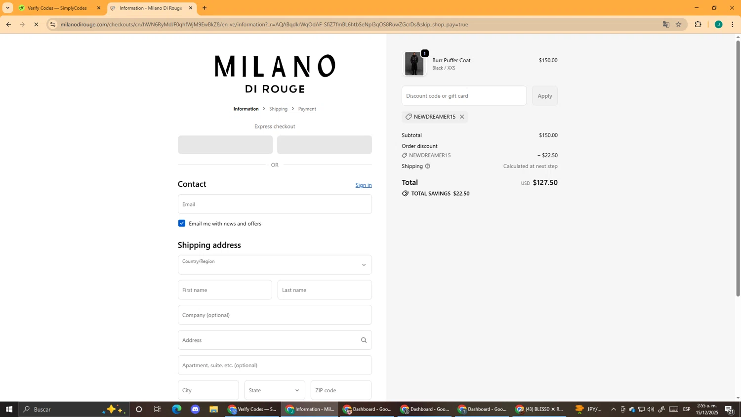 Milano Di Rouge promo code screenshot showing code NEWDREAMER15 applied at Milano Di Rouge checkout page. Uploaded by SimplyCodes community member DealScout5970 on Dec 15, 2025