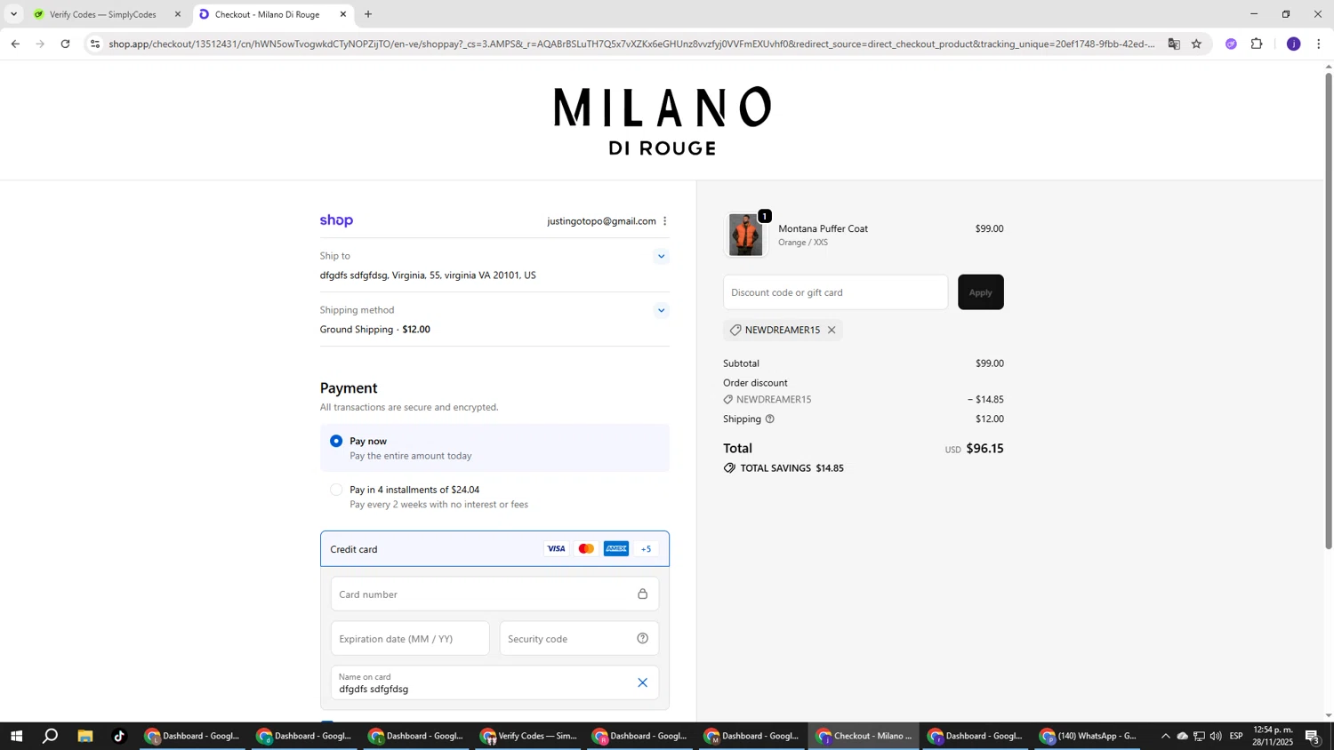 Milano Di Rouge promo code screenshot showing code NEWDREAMER15 applied at Milano Di Rouge checkout page. Uploaded by SimplyCodes community member simplycodesssss on Nov 28, 2025