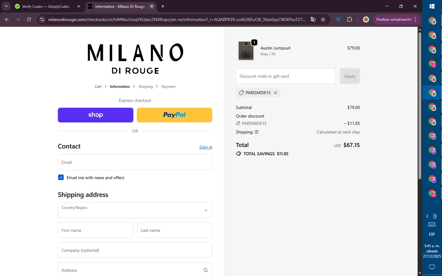 Milano Di Rouge promo code screenshot showing code ParisMDR15 applied at Milano Di Rouge checkout page. Uploaded by SimplyCodes community member PromoVoyager8446 on Dec 27, 2025