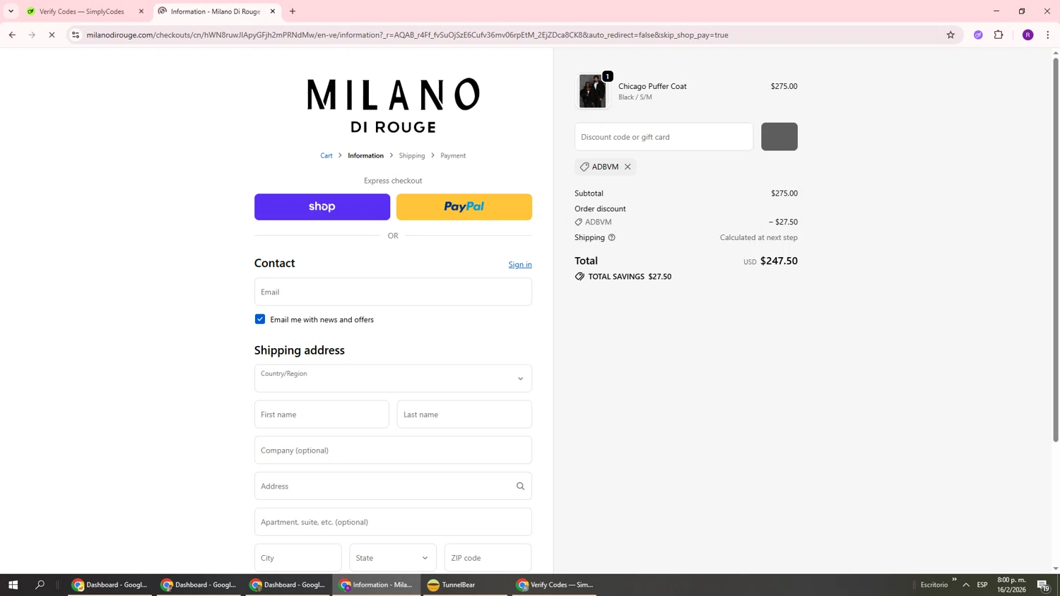 Milano Di Rouge checkout page showing Milano Di Rouge promo code box | Screenshot taken by SimplyCodes community member on Feb 17, 2026