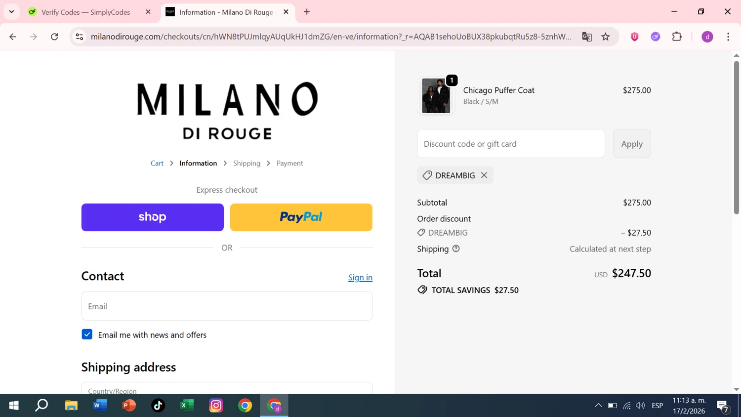 Milano Di Rouge checkout page showing Milano Di Rouge promo code box | Screenshot taken by SimplyCodes community member on Feb 17, 2026