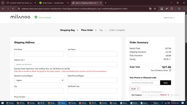 Milanoo checkout page showing Milanoo coupon code box | Screenshot taken by SimplyCodes community member on Aug 25, 2025