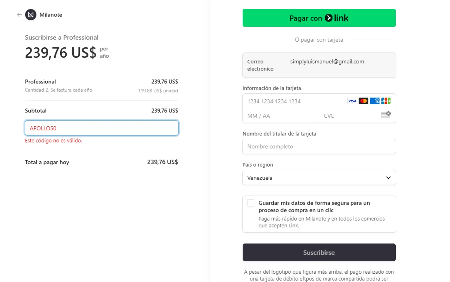 Milanote promo code screenshot showing code APOLLO50 applied at Milanote checkout page. Uploaded by SimplyCodes community member WoskalRevenge on Mar 24, 2025