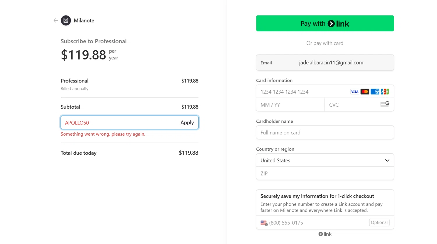 Milanote promo code screenshot showing code APOLLO50 applied at Milanote checkout page. Uploaded by SimplyCodes community member jade5416625024720 on Mar 13, 2025