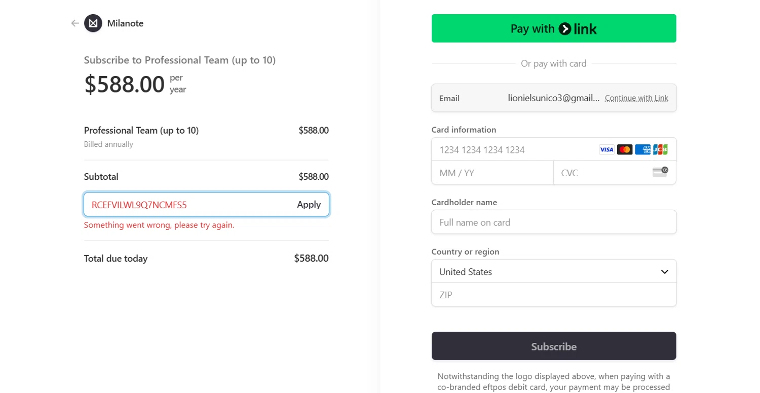Milanote promo code screenshot showing code rcEFVilWl9q7ncMfS5 applied at Milanote checkout page. Uploaded by SimplyCodes community member Lioniel on Feb 25, 2025