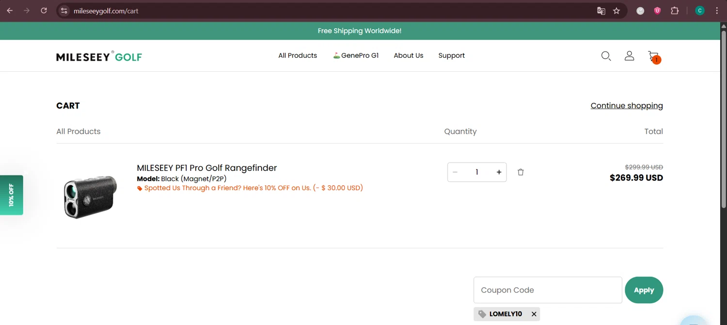 Mileseey Golf promo code screenshot showing code LOMELY10 applied at Mileseey Golf checkout page. Uploaded by SimplyCodes community member Negritoo on Jul 21, 2025