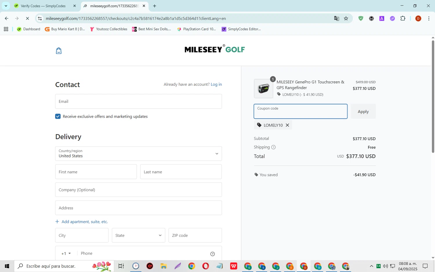 Mileseey Golf promo code screenshot showing code LOMELY10 applied at Mileseey Golf checkout page. Uploaded by SimplyCodes community member SaleSaver3540 on Sep 4, 2025