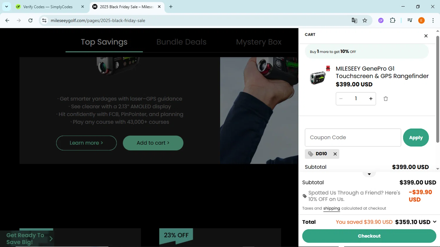 Mileseey Golf promo code screenshot showing code DD10 applied at Mileseey Golf checkout page. Uploaded by SimplyCodes community member BudgetFox5491 on Nov 22, 2025