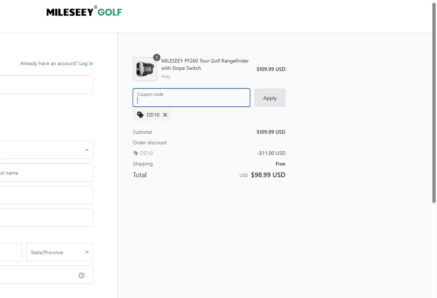 Mileseey Golf promo code screenshot showing code DD10 applied at Mileseey Golf checkout page. Uploaded by SimplyCodes community member fhddfhfdhwert on May 24, 2025