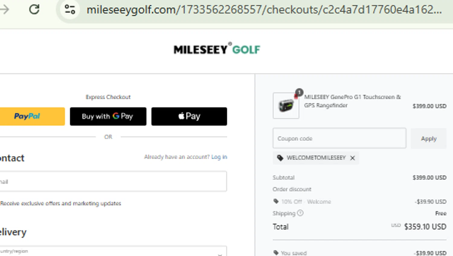 Mileseey Golf promo code screenshot showing code WELCOMETOMILESEEY applied at Mileseey Golf checkout page. Uploaded by SimplyCodes community member CashMaestro9337 on Dec 23, 2025