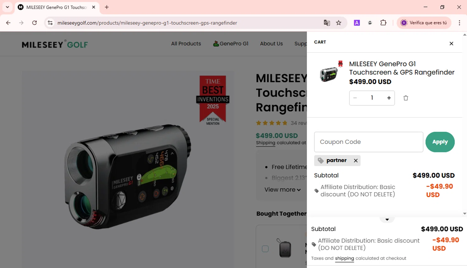 Mileseey Golf promo code screenshot showing code partner applied at Mileseey Golf checkout page. Uploaded by SimplyCodes community member BonusDefender8823 on Oct 24, 2025