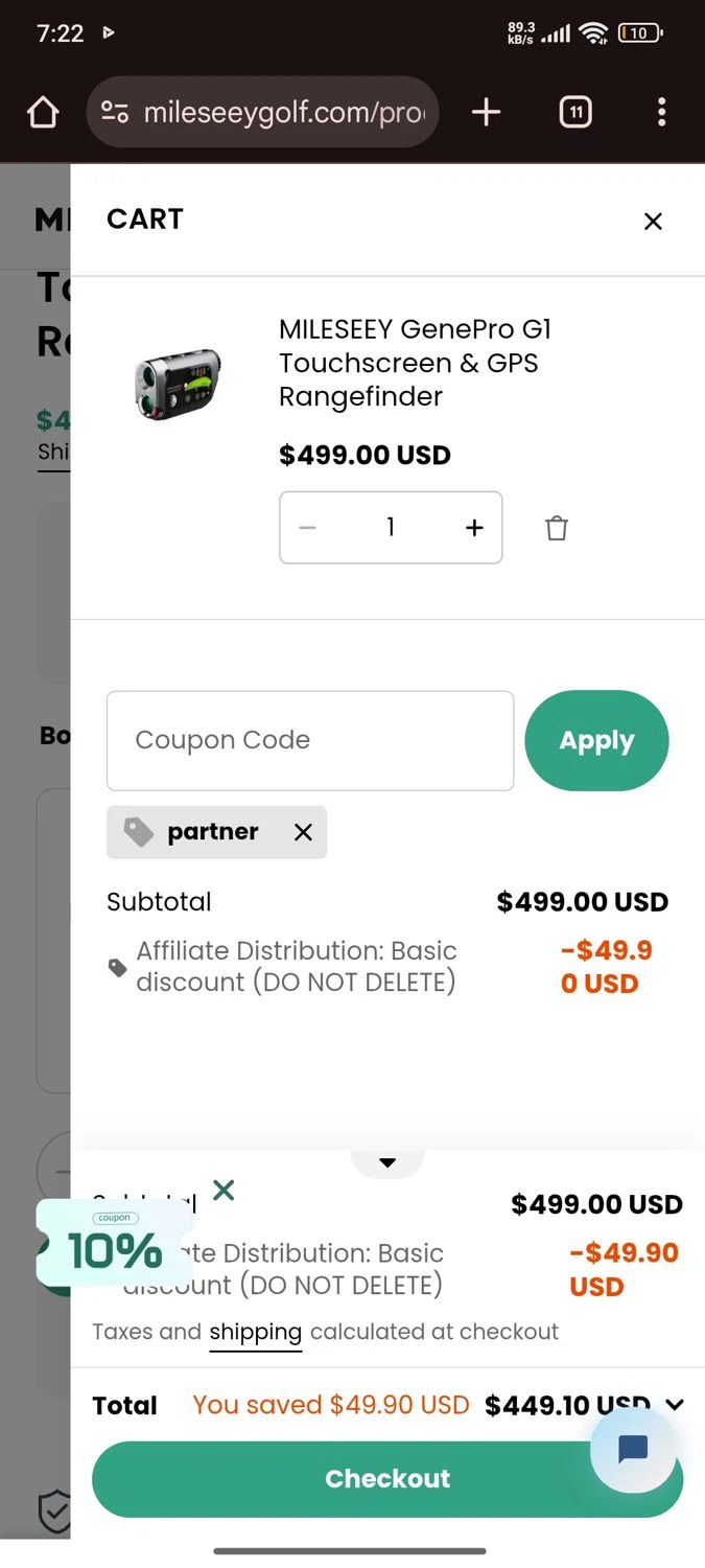 Mileseey Golf promo code screenshot showing code partner applied at Mileseey Golf checkout page. Uploaded by SimplyCodes community member Esteban on Sep 25, 2025