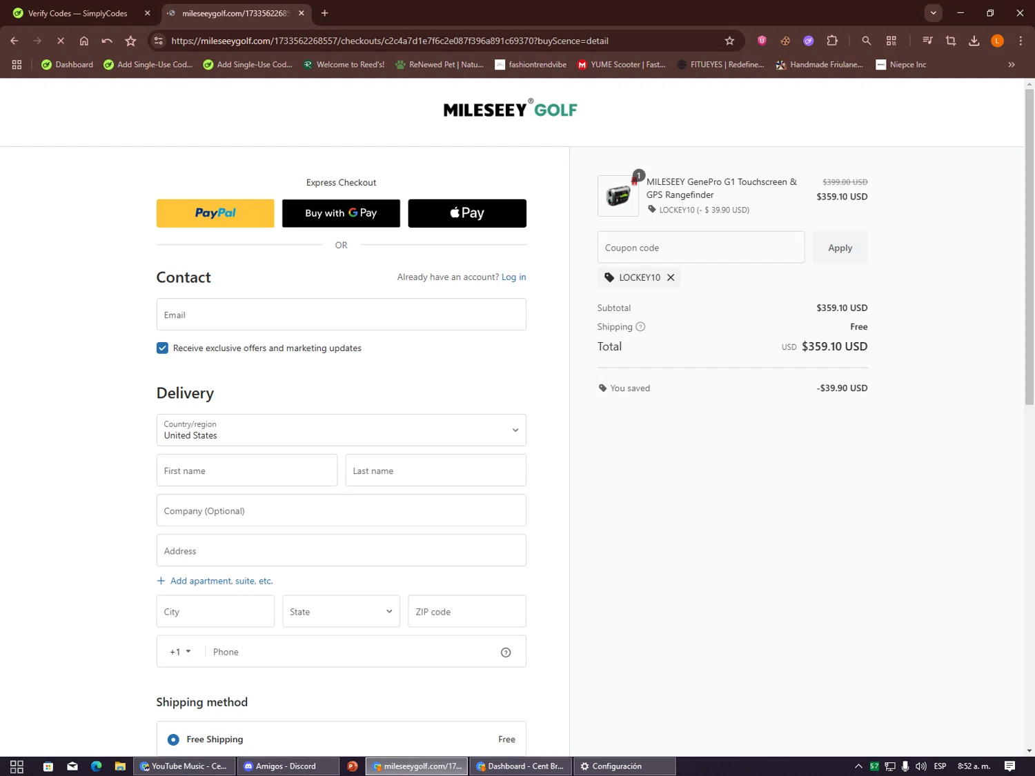 Mileseey Golf promo code screenshot showing code LOCKEY10 applied at Mileseey Golf checkout page. Uploaded by SimplyCodes community member Alalee on Dec 21, 2025