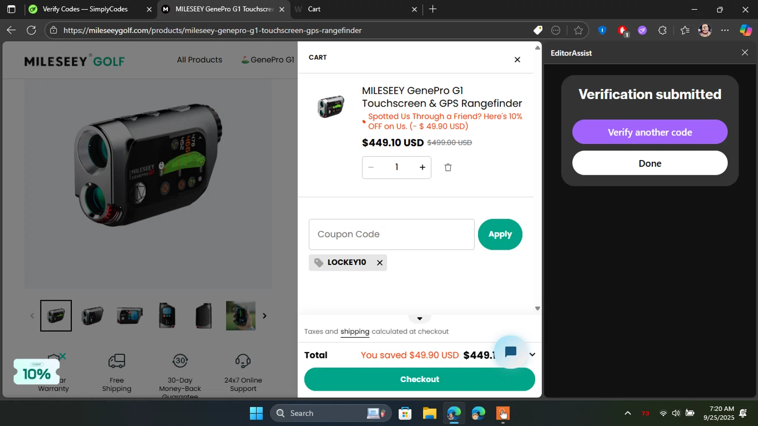 Mileseey Golf promo code screenshot showing code LOCKEY10 applied at Mileseey Golf checkout page. Uploaded by SimplyCodes community member Blackleg_Sanji on Sep 25, 2025