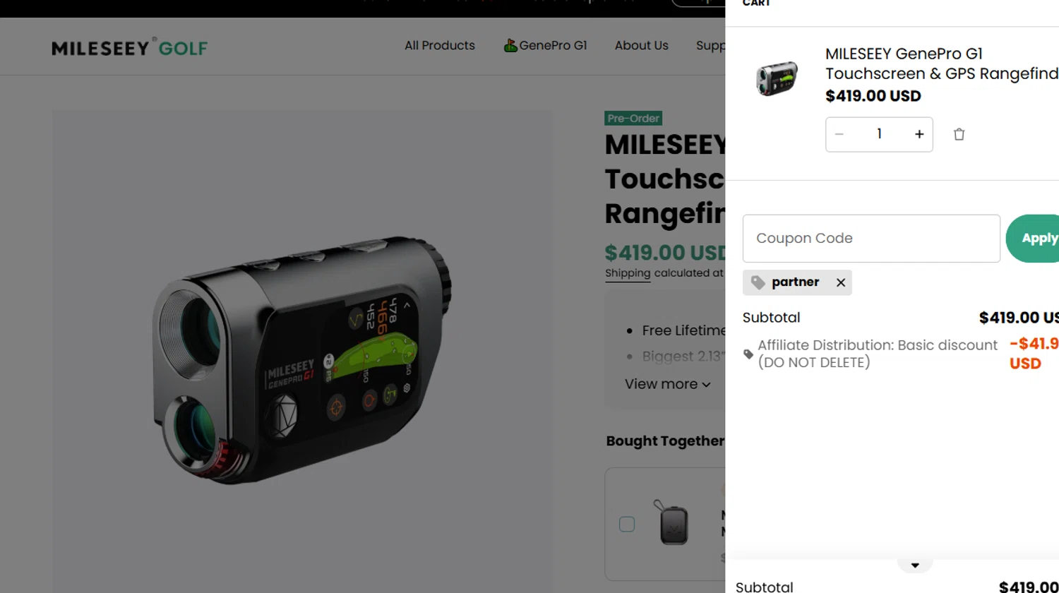 Mileseey Golf promo code screenshot showing code partner applied at Mileseey Golf checkout page. Uploaded by SimplyCodes community member ashe1986 on Aug 27, 2025