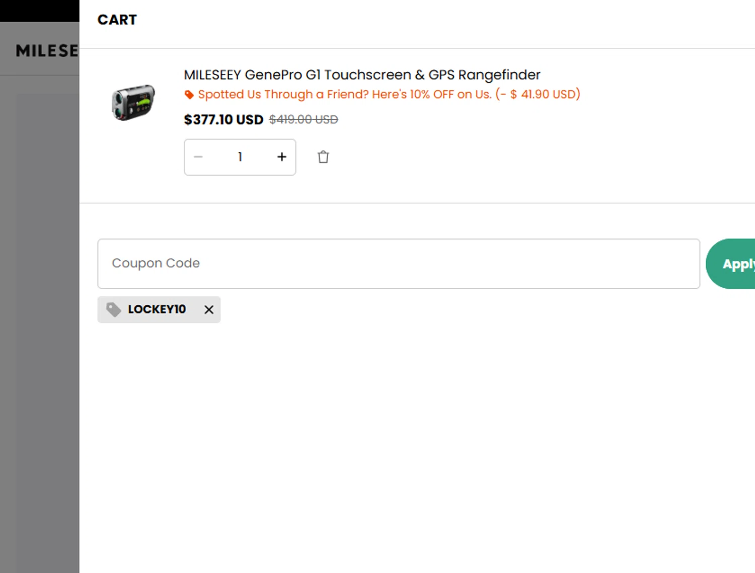 Mileseey Golf promo code screenshot showing code LOCKEY10 applied at Mileseey Golf checkout page. Uploaded by SimplyCodes community member ashe1986 on Aug 27, 2025