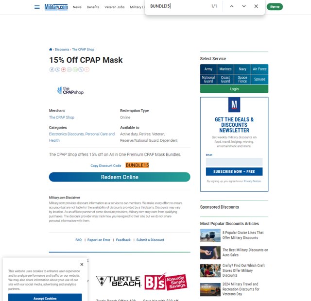 Military.com checkout page showing Military.com discount code box | Screenshot taken by SimplyCodes community member on Feb 9, 2025