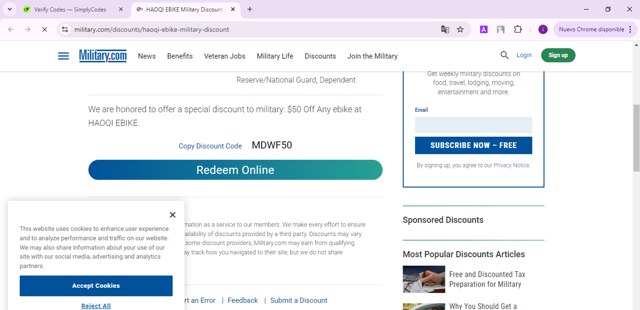 Military.com checkout page showing Military.com discount code box | Screenshot taken by SimplyCodes community member on Jan 11, 2025